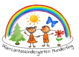 Dieses Bild zeigt 2 Kinder unter einem Regenbogen mit einer Sonne, einem Baum, einer Blume und einem Schmetterling